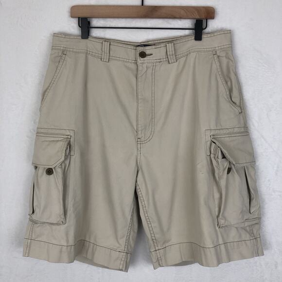 VTG‎ POLO Ralph Lauren 67 Cargo Shorts Men's 36 Khaki Beige 9" Inseam 6 Pockets - Picture 1 of 14